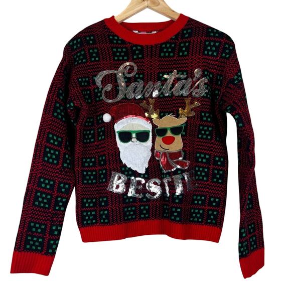 No Boundaries Ugly Christmas Sweater Juniors S Red Green Santa Reindeer Holiday - Picture 1 of 6